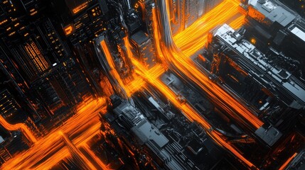 A bustling server room with numerous interconnected servers and bright orange cables, symbolizing advanced data processing and technological infrastructure.