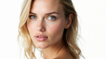 Obraz premium Captivating woman with blonde hair showcases natural beauty and striking blue eyes in a soft-lit setting