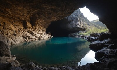 Obraz premium 신비로운동굴 아래는 멋진물이 있다 동굴속 빛이비친다.