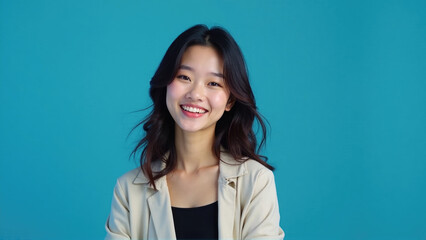 Fototapeta premium Young woman smiling confidently against a vibrant blue background while wearing a stylish outfit