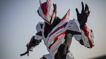 Futuristic armored character in a dynamic pose.