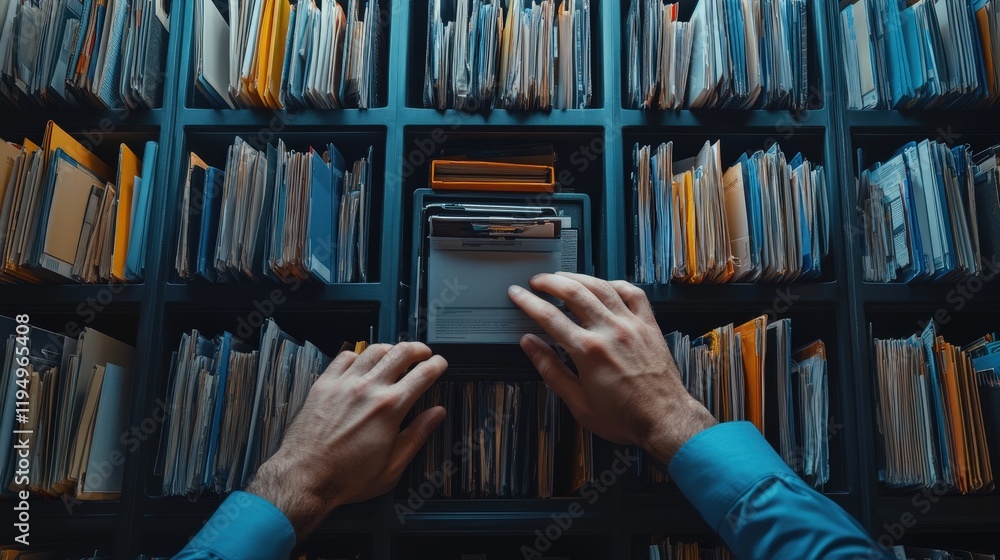 Poster hands organizing documents in a management system with colorful folders in a modern office environme