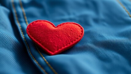Fototapeta premium Red Felt Heart on Blue Jeans - AI Photo