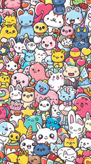 Adorable Kawaii Icons: A Delightful Collage Featuring Cheerful Animals, Enchanting Elements, and Sweet Treats in Pastel Colors