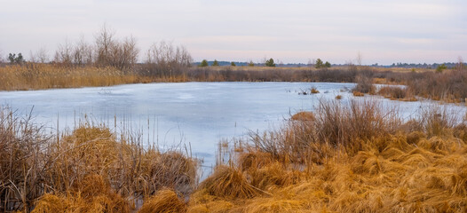 frozen lake among prairie under a dim sky, winter seasonal outdoor scene