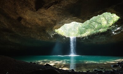 Naklejka premium 신비로운동굴 아래는 멋진물이 있다 동굴속 빛이비친다.
