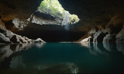 Naklejka premium 신비로운동굴 아래는 멋진물이 있다 동굴속 빛이비친다.