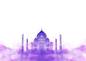 illustration of a purple and pink mosque on clouds using a watercolor technique with white begron
