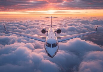 Luxury Private Jet Flying Above the Clouds at Sunrise, Capturing a Stunning Skyline and Peaceful Travel Vibes in the Golden Hour