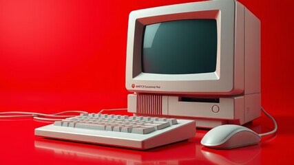 Retro Red Computer 3D Render, Old PC, Keyboard, Mouse,  Monochrome
