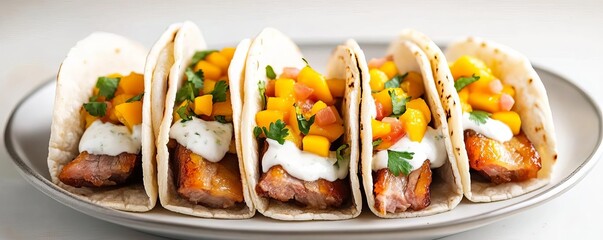Crispy pork belly tacos topped with mango salsa and lime crema