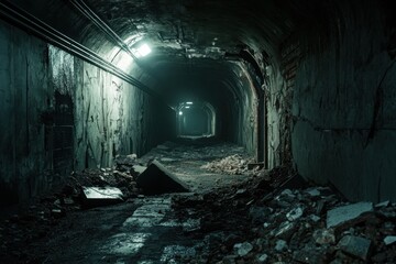 Exploring a dark abandoned tunnel in a postapocalyptic world captured in gritty detail urban environment atmospheric perspective captivating concept of desolation