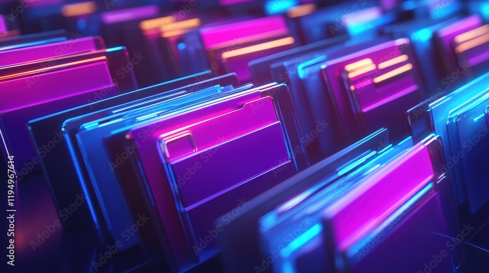 Poster futuristic online document approval concept with vibrant neon colors and abstract folders for effici