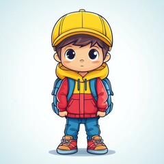 A Cute Boy Wearing A Yellow Cap Backpack And Red Jacket