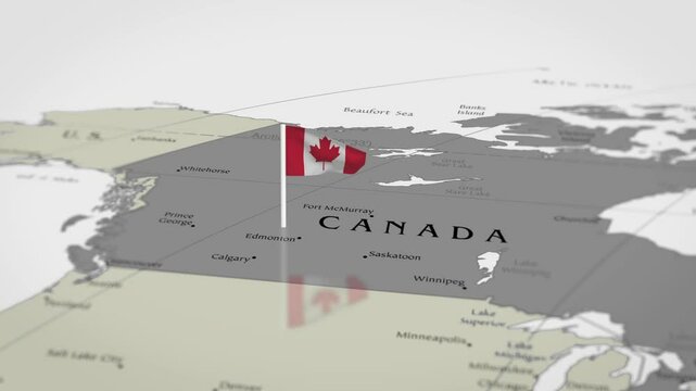 The camera rotating around Canada on the world map takes the focus. The Canada flag is waving. 4K Map and Flag Animation.