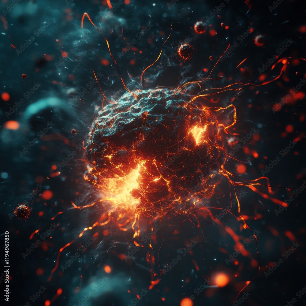 Poster Magnified view of a human cell under attack by a virus during a significant cellular interaction event. Generative AI