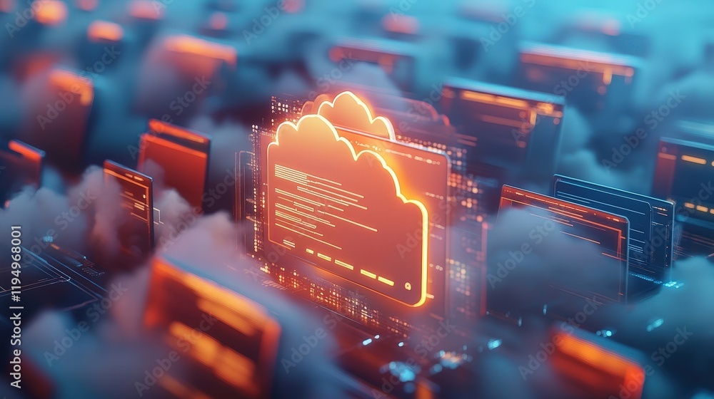 Poster futuristic online documentation and data management systems in a cloud environment with vibrant visu
