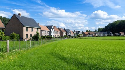 Scenic view of a row of houses beside a green field under blue skies.