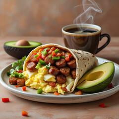 A stuffed breakfast burrito overflowing with scrambled eggs, sausage, cheese, diced peppers, and a hint of salsa, served on a plate with sliced avocado and a cup of steaming coffee.