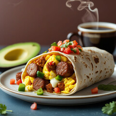A stuffed breakfast burrito overflowing with scrambled eggs, sausage, cheese, diced peppers, and a hint of salsa, served on a plate with sliced avocado and a cup of steaming coffee.