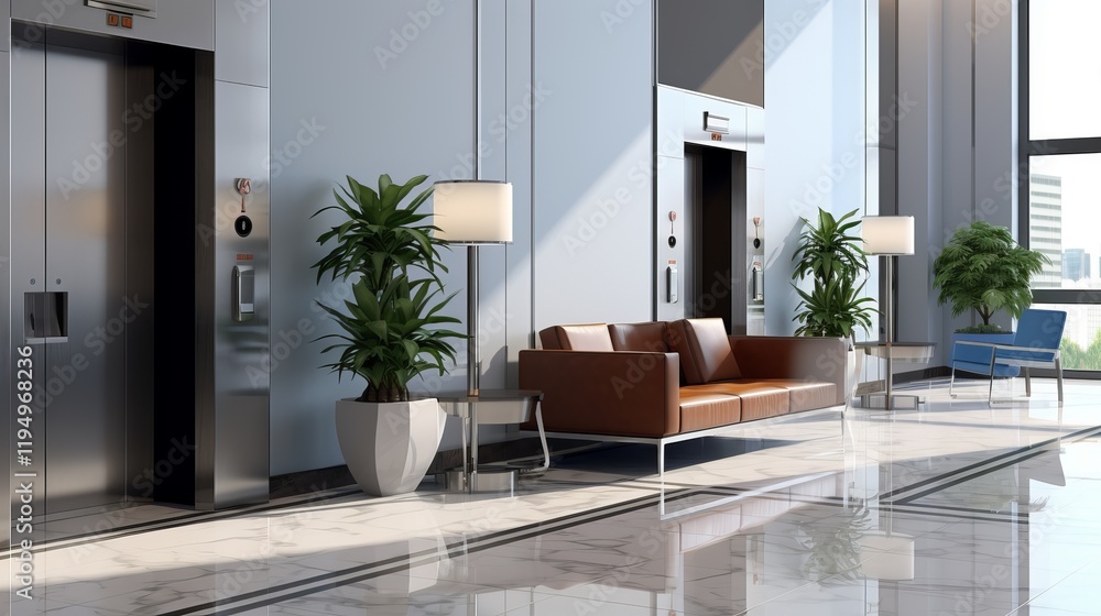 Poster modern lobby with elevators and stylish seating in a bright urban setting. generative ai