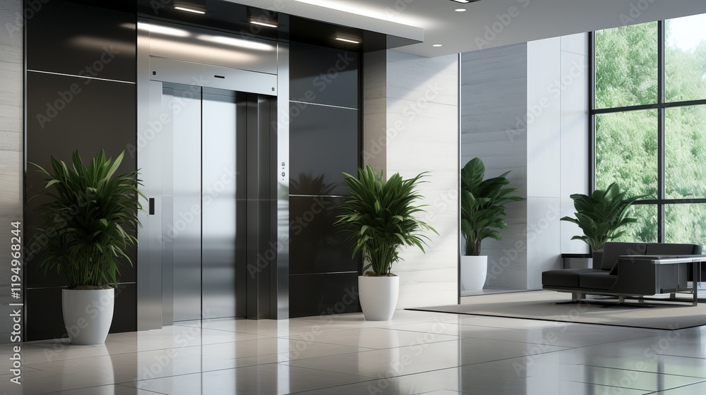 Aufkleber modern lobby with elegant design featuring a sleek elevator and lush greenery. generative ai