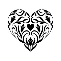 Floral intricate heart linocut design on white background.