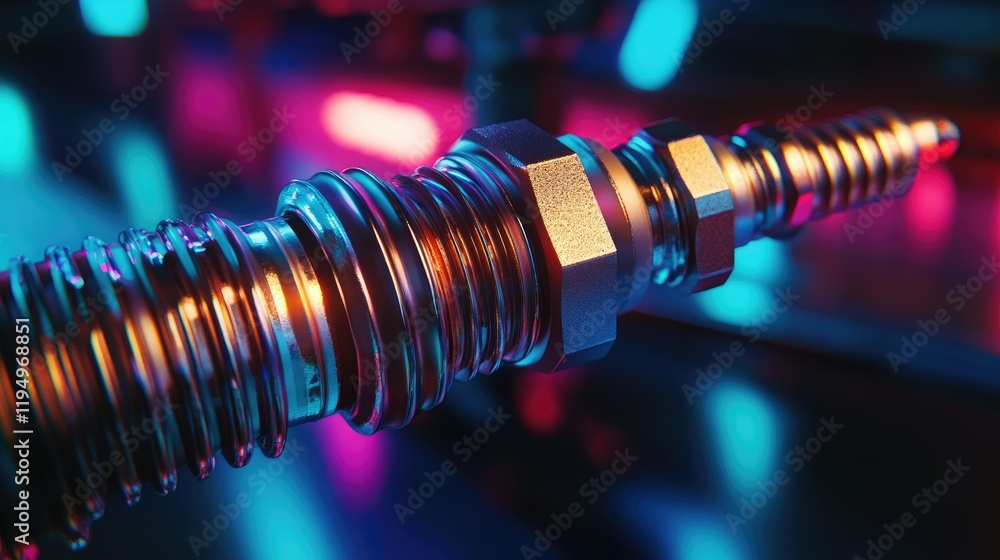 Poster a close-up shot of a spark plug, showcasing its intricate details and metallic textures, illuminated