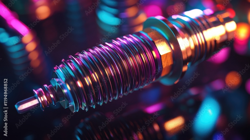 Poster a close-up shot of a spark plug, showcasing its intricate details and metallic textures, illuminated