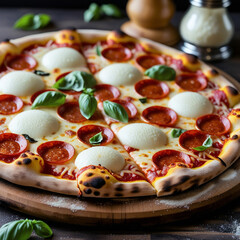 A freshly baked pepperoni pizza with bubbling mozzarella cheese and perfectly crisp edges, served on a wooden pizza peel with a sprinkling of fresh basil leaves and a parmesan shaker in the background