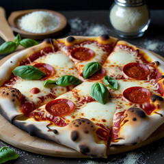 A freshly baked pepperoni pizza with bubbling mozzarella cheese and perfectly crisp edges, served on a wooden pizza peel with a sprinkling of fresh basil leaves and a parmesan shaker in the background