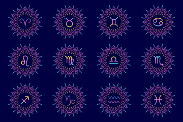 Collection of zodiac signs in line art style with  gradient color
