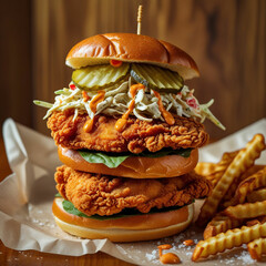 A stacked chicken sandwich featuring crispy fried chicken fillets, creamy coleslaw, pickles, and a drizzle of spicy mayo, all layered between soft brioche buns, with a side of waffle fries.