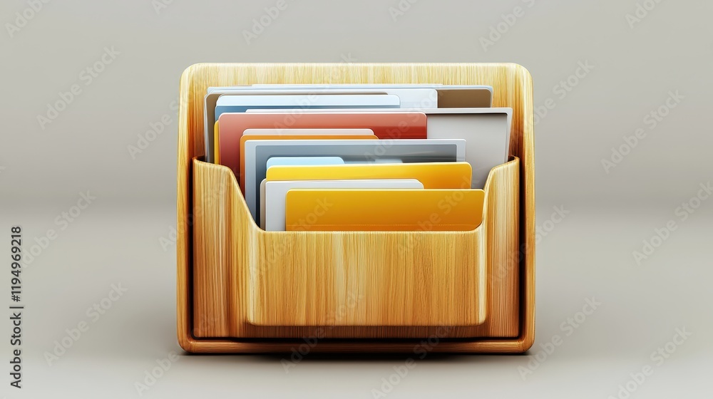 Poster wooden file organizer containing colorful folders for online documentation and database management i