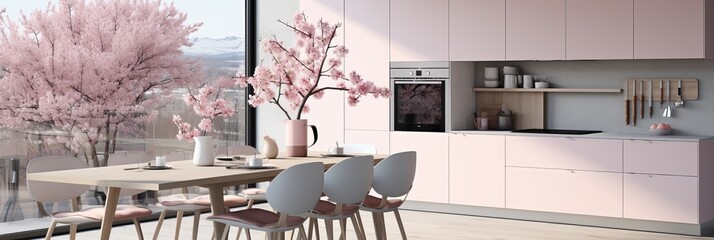 Modern kitchen decor with cherry blossoms creating a serene ambiance. Generative AI