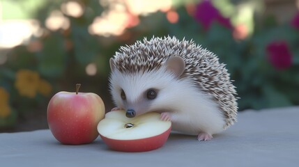 The cute hedgehog eating an apple