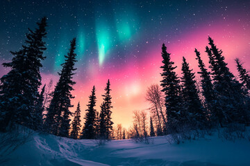 Fototapeta premium Majestic Northern Lights Over Snowy Forest Lake Landscape at Night Generative AI Image