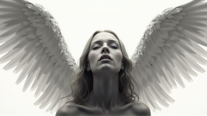 Ethereal figure with angel wings exudes peace and serenity in black and white setting