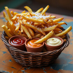 A close-up of a basket of golden, crispy French fries sprinkled with sea salt, served with small dipping cups of ketchup, mayonnaise, and barbecue sauce, on a rustic wooden table.