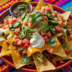 A colorful platter of loaded nachos topped with melted cheddar, jalapeños, guacamole, sour cream, diced tomatoes, and shredded lettuce, served with a side of salsa on a vibrant Mexican-style.