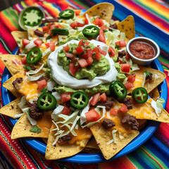 A colorful platter of loaded nachos topped with melted cheddar, jalapeños, guacamole, sour cream, diced tomatoes, and shredded lettuce, served with a side of salsa on a vibrant Mexican-style.