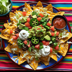 A colorful platter of loaded nachos topped with melted cheddar, jalapeños, guacamole, sour cream, diced tomatoes, and shredded lettuce, served with a side of salsa on a vibrant Mexican-style.
