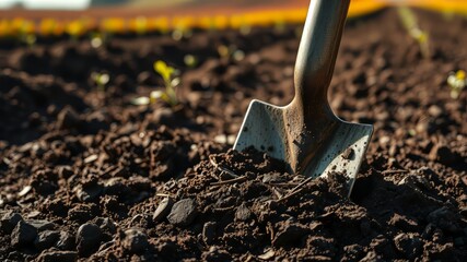 Shovel in Ground, Vibrant Landscape,  High-Resolution Photo