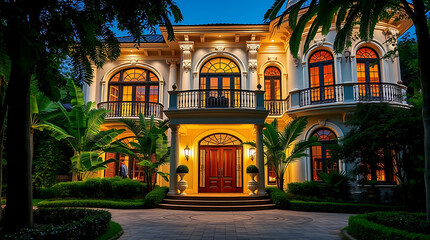 Magnificent Mansion at Night: A Luxurious Estate with Classic Architecture and Elegant Design
