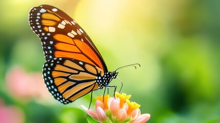 Obraz premium Close-Up Butterfly on Flower with Blurred Floral Background and Copy Space: Blooming Spring Meadow with Wildflowers and Colorful Butterfly for Nature Wildlife Banner, Poster, and Postcard Design