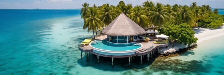 Tropical paradise with a stunning overwater villa and infinity pool under the sun. Generative AI