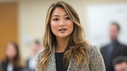 Confident plus size businesswoman presenting in a professional setting