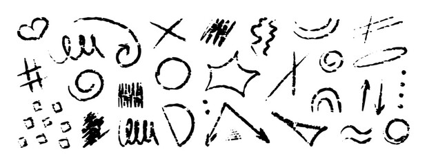 Chalk hand drawn arrow, marker lines, underlines, crayon brush scribbles, grunge texture, doodle vector sketch elements.