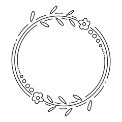 Round frame with flowers and leaves. Vector illustration in doodle style.