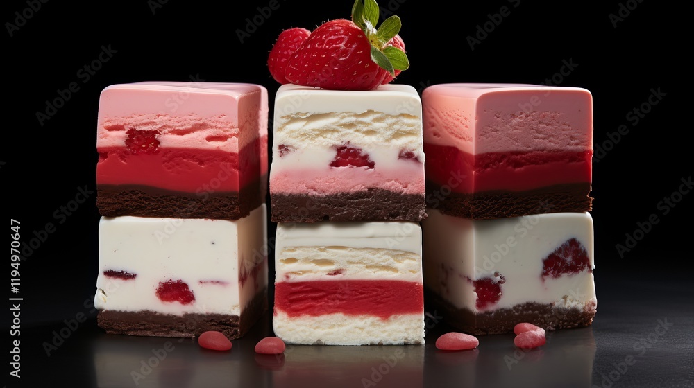 Poster Indulgent layers of raspberry ice cream delight on a dark backdrop. Generative AI